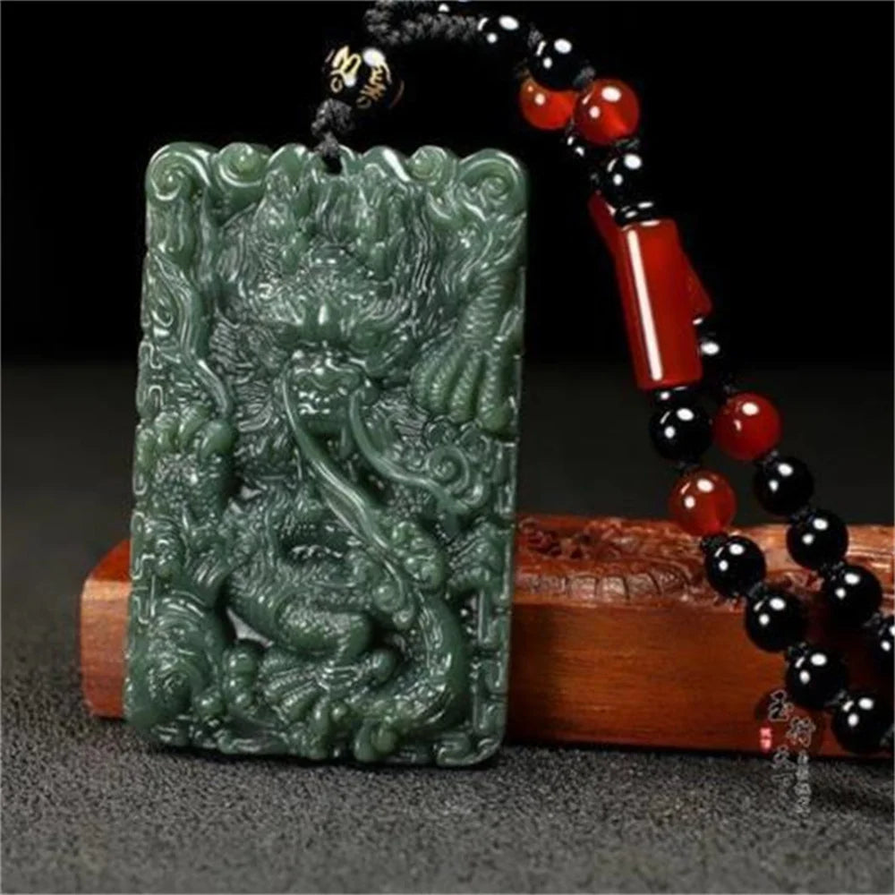 Natural Dark Green HeTian Jade Carved Chinese Unique Dragon Lucky Jade Pendant Male Neck Amulet Necklace Vintage Jewelry