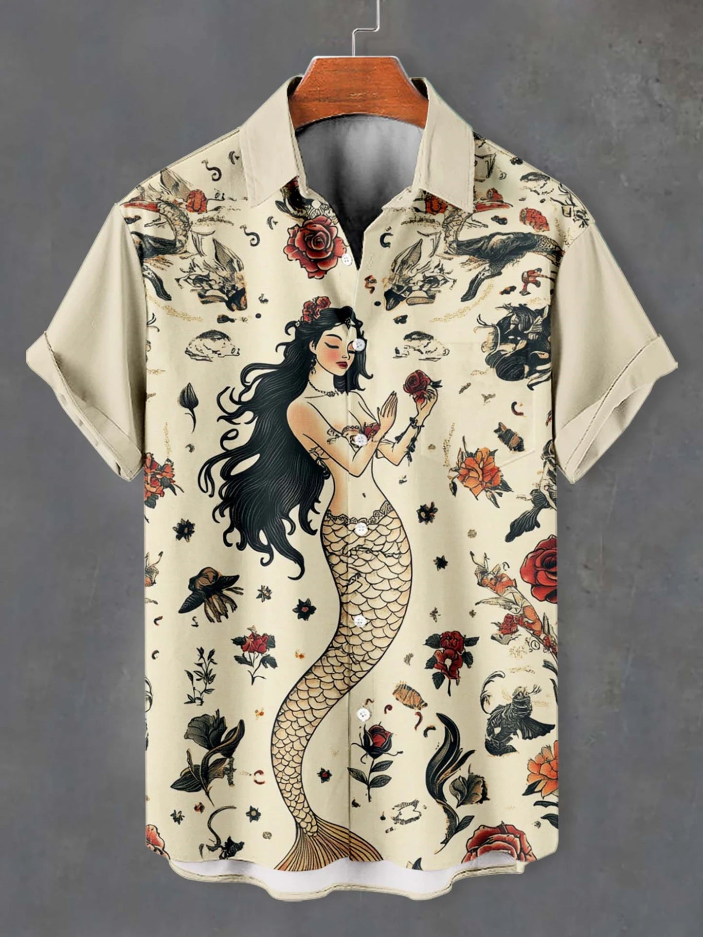 Retro Mermaid Pattern Men's Shirt Short Sleeve Shirts Button Down Lapel Shirts Oversized Tops Casual Hawaiian Shirt for Men