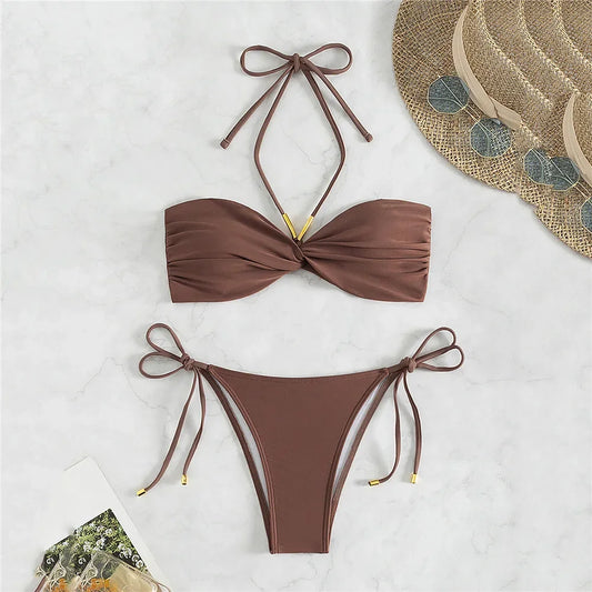 Brown Swimwear String Halter Bandeau Bikinis Sets Micro Thong Sexy Swimsuit Women Back Knotted Bathing Suit Bikini Mujer 2025