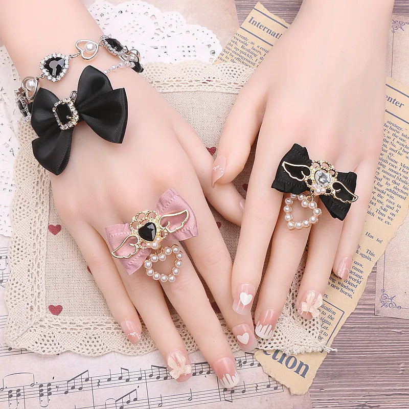 Unique Handmade Women's Rings Lolita Gothic Accessories Sweet Cute Wings Bow with Heart Pendant Jirai Ring for Y2K Girl