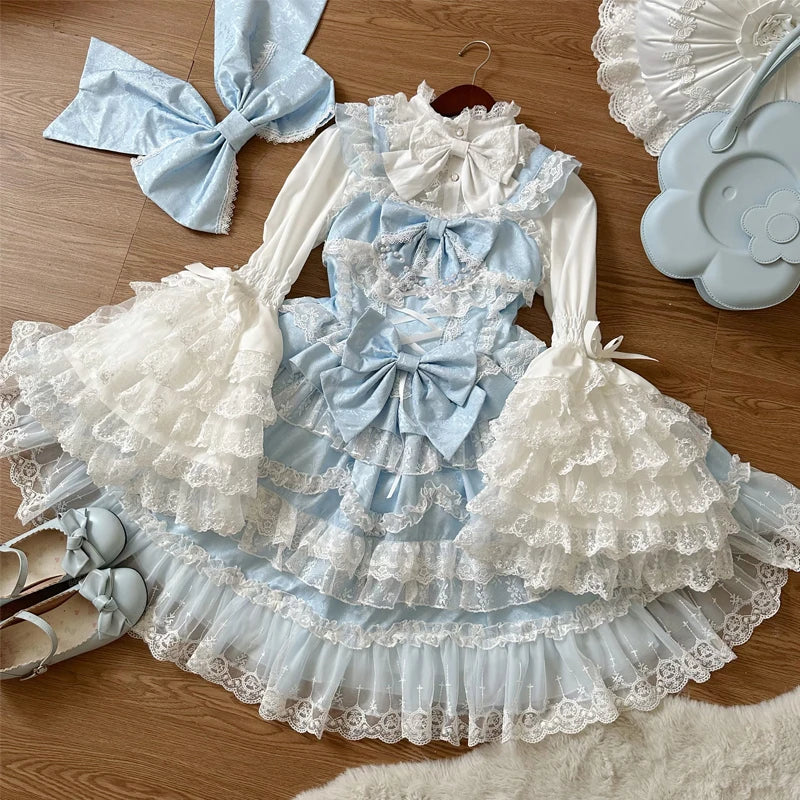 Super Fairy Lolita Dress Set New Spring and Autumn Sweet Girl Women's Flower Lace Bow Shirt Princess Jsk Suspender Dress