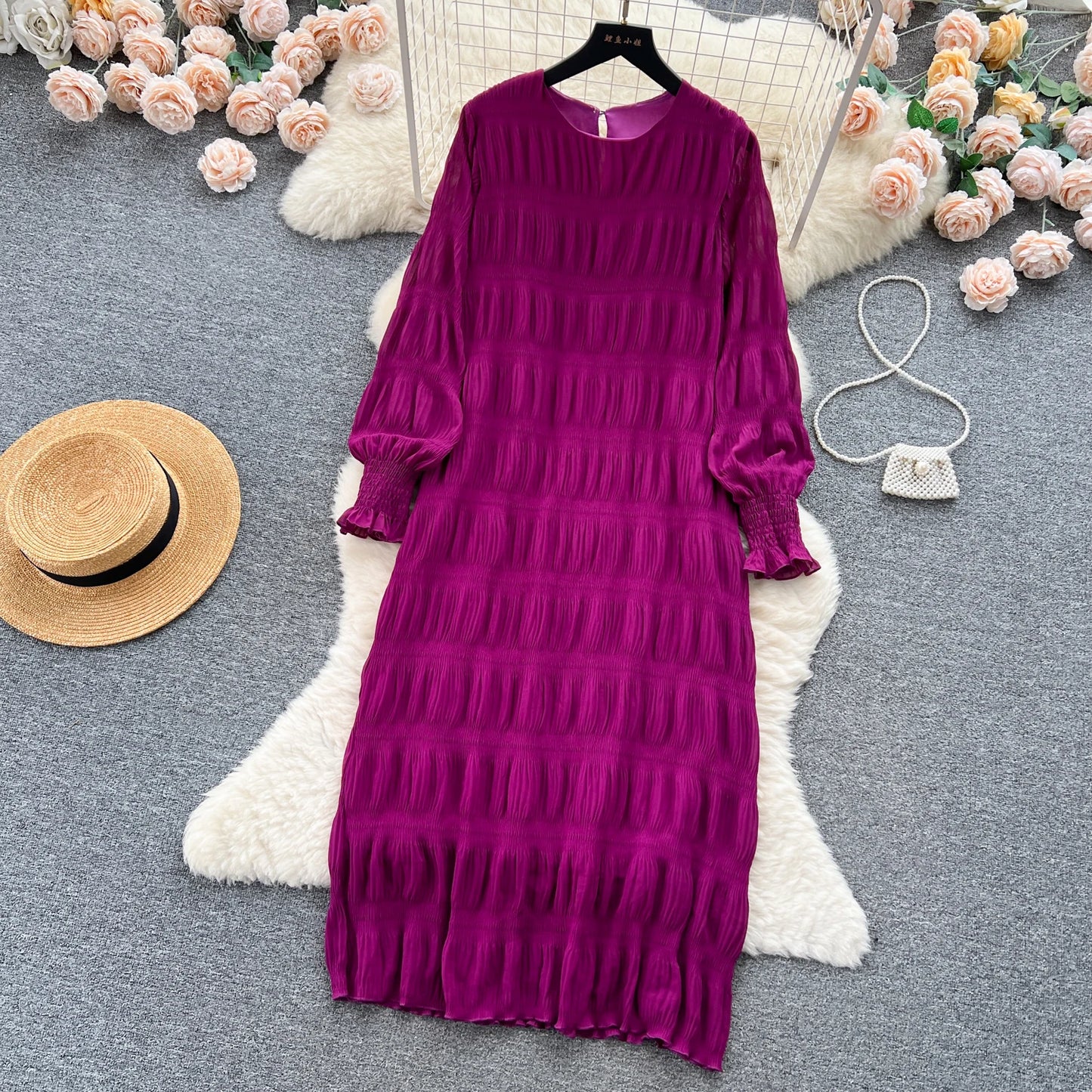 Autumn Vintage Women Draped Loose Midi Dress Elegant Round Collar Puff Long Sleeve Robe Casual Yellow/Burgundy/Green Vestido New