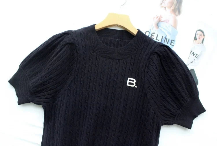 Japanese New Spring Ladies Sweet Bubble Short Sleeve Twist Knitted Top Sweater Letter Embroidered Pure Color Women's T-shirt