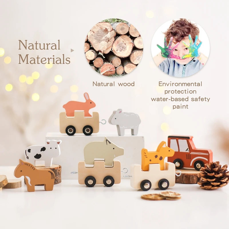 Children Montessori Wooden Toys Dinosaur Car Animal Park Barn Toy Wooden Stacking Game Kid Educational Toy Christmas Gift