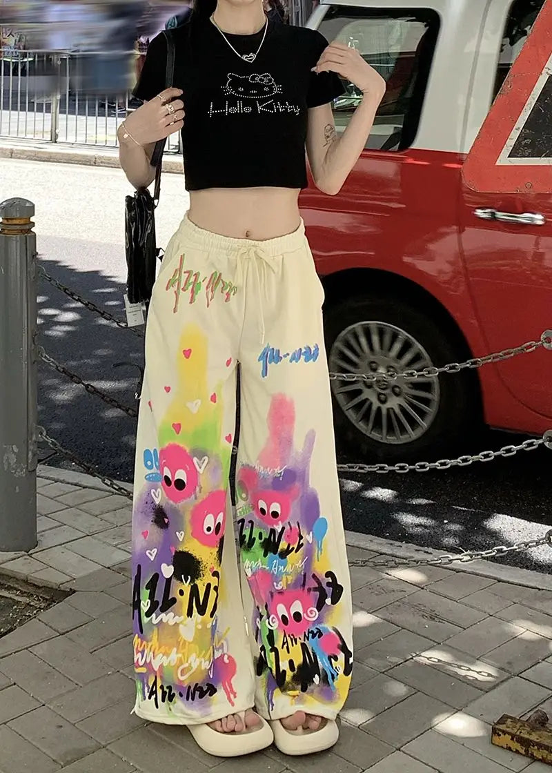 Kawaii Cute Dopamine Graffiti Casual Pants Women Tie Dye Summer Elastic High Waiste Drawstring Pockets Loose Wide Leg Trousers