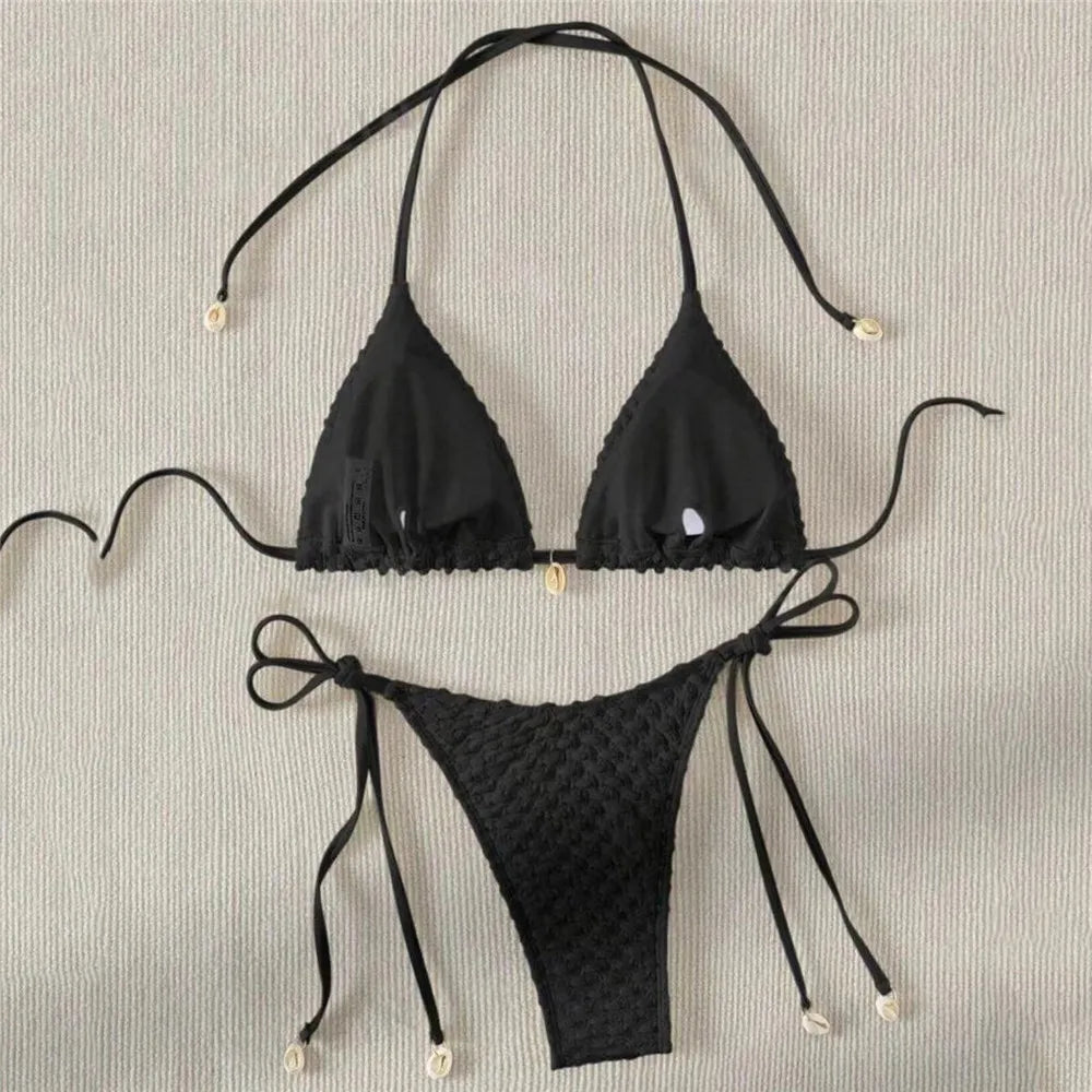 White String Micro Bikini Thong Sexy Swimsuit Women 2025 Shell Decorate Swimwear Bathing Suit Halter Triangle Bikinis Sets Mujer