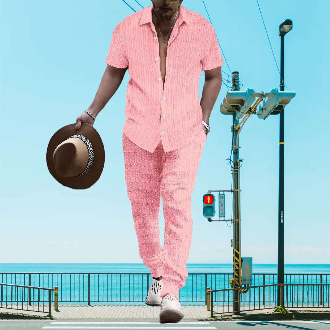 Ultra-thin Ultra-light Summer Men's Shirt Casual Loose Short Sleeve + Trousers Beach Suit Surf Casual Solid Color Lapel Suit