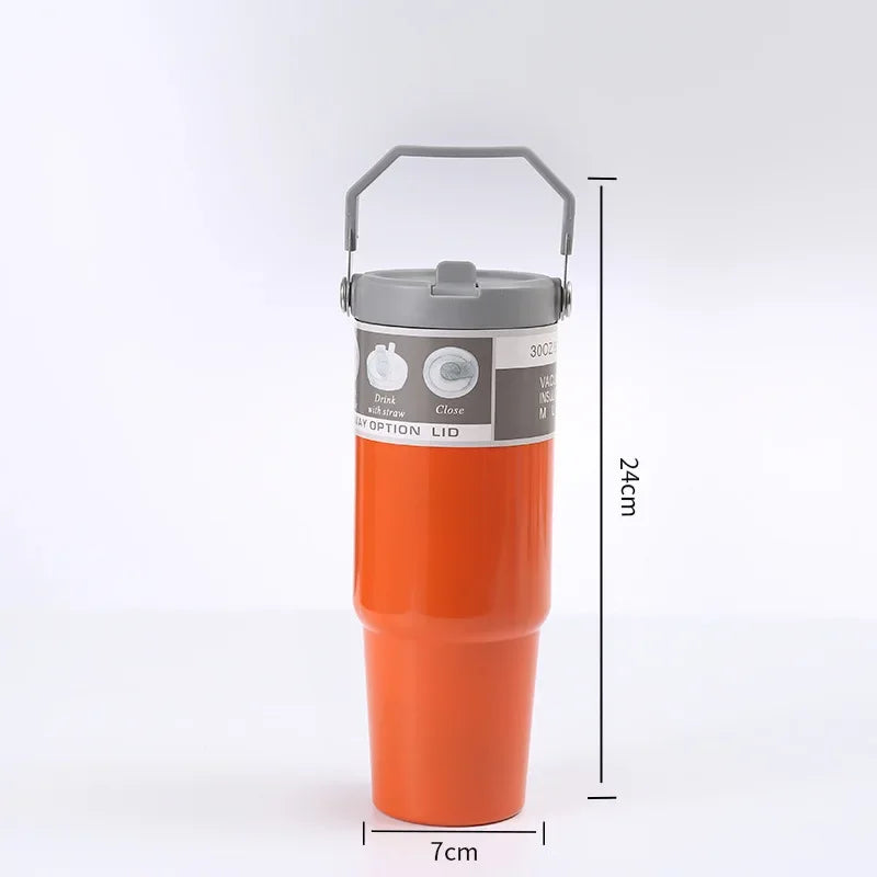Stainless Steel Thermos Cup with Straw, Portable Car Cup, Travel Sports Water Bottle, Handle Cover, Coffee Vacuum Flask, 30oz