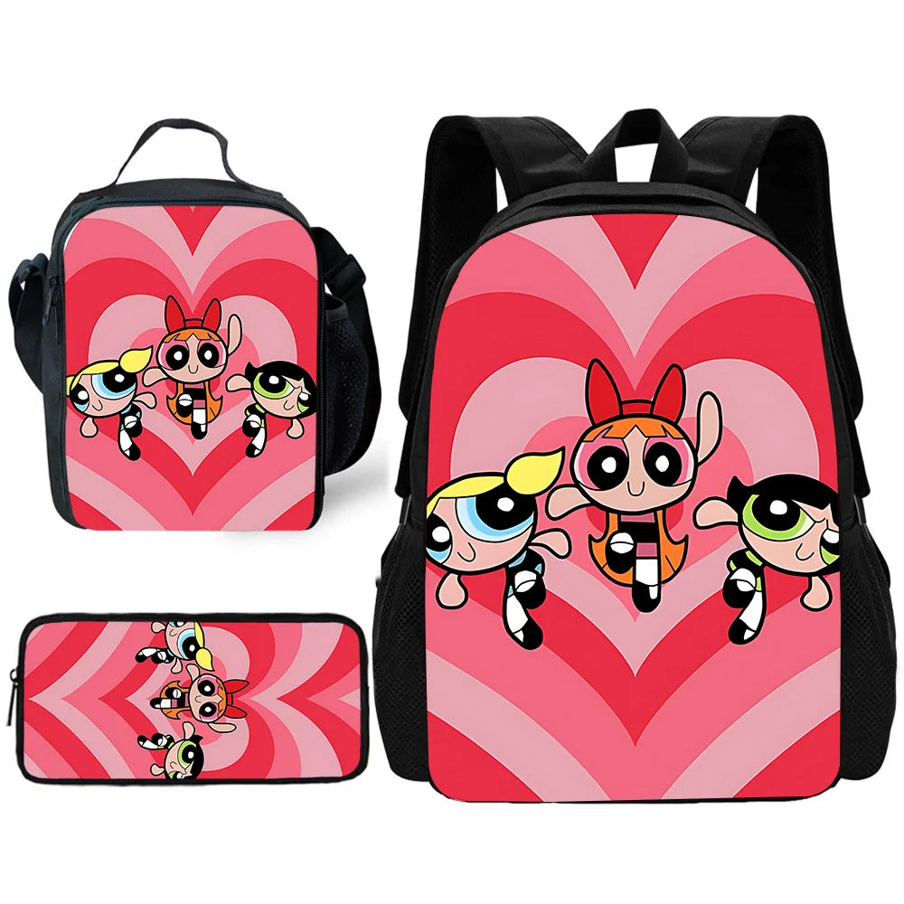 Cute P-PowerpuffS Girls 3 pcs set Child School Backpack with Lunch Bags ,Pencil Bags ,School Bags for Boys Girls Best Gift
