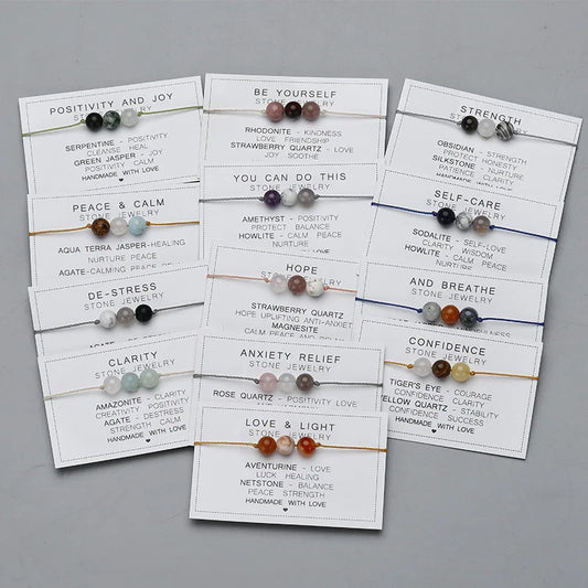Natural Stone Crystal Round Bead Bracelet Handmade Braid Adjustable Paper Card Rope Chain Yoga Women Men Energy Healing Jewelry
