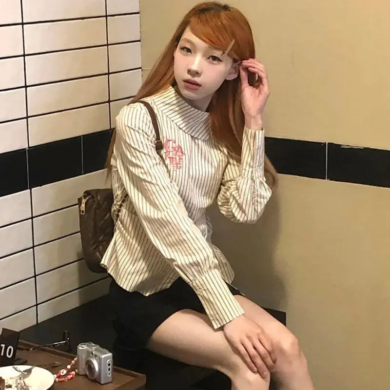 Blusas Mujer De Moda Striped Y2k Tops Tunic Shirts Blouse Women Clothing O-neck Slim Shirt Fashion Embroidery Vintage Tops