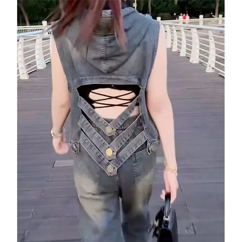 Fashion Fashion Backless Hooded Denim Vest 2025 Spring Summer Autumn New Korean Women's Vest Jacket Sleeveless Denim Jacket Top