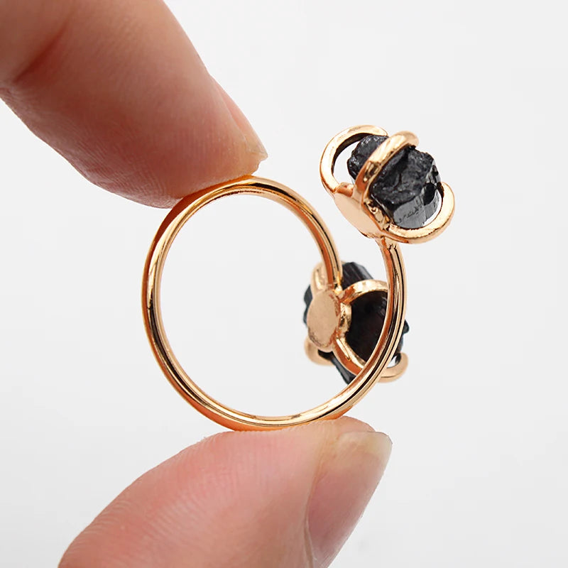 Irregular Black Tourmaline Open Ring for Women Girls Claw Setting Gold-color Boho Rough Natural Stone Finger Jewelry Resizable