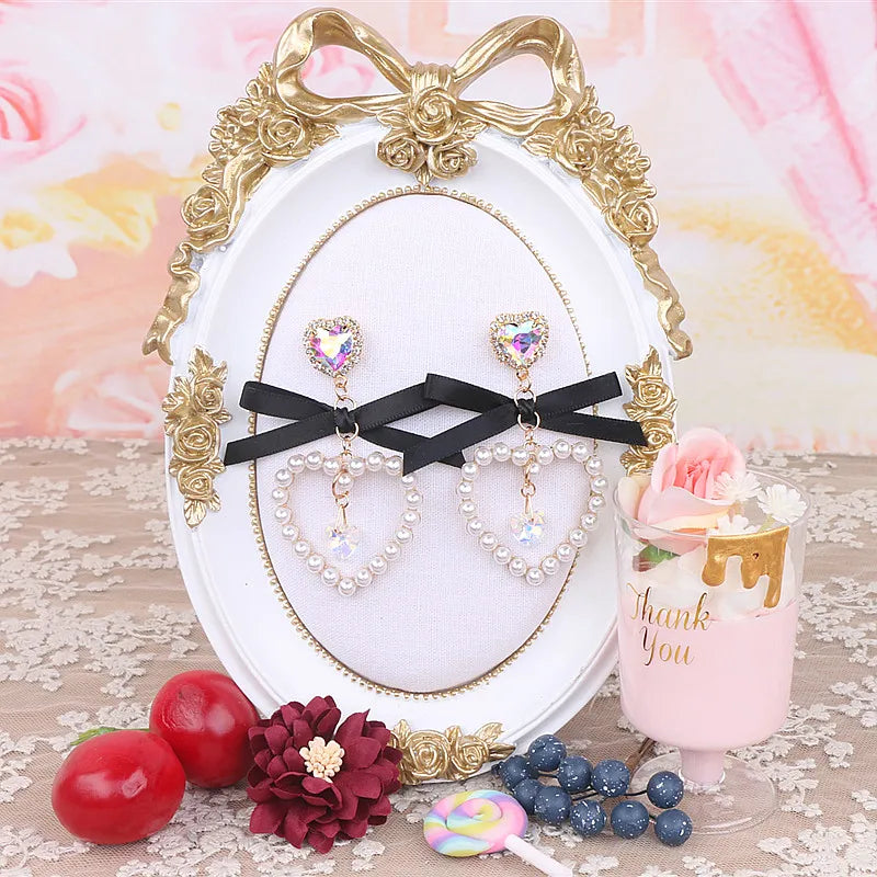Dainty Japanese Style Women's Bow Earing Sweat Pearl Heart Earings Rhinestone Pendant Heart Earrings Accessories for Girl