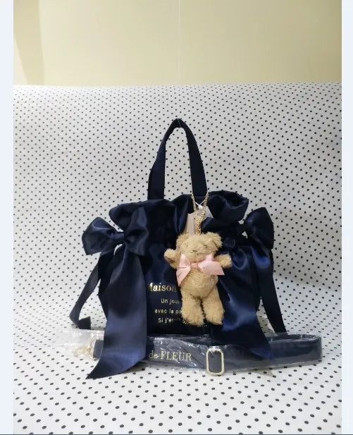 Japanese Style New Double-Sided Drawstring Bags Sweet Cute Girl Ladies Satin Bow Crossbody Shoulder Portable Handbag