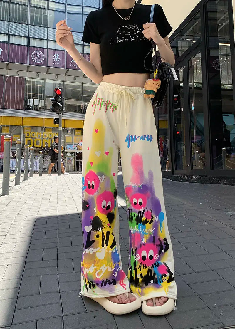 Kawaii Cute Dopamine Graffiti Casual Pants Women Tie Dye Summer Elastic High Waiste Drawstring Pockets Loose Wide Leg Trousers
