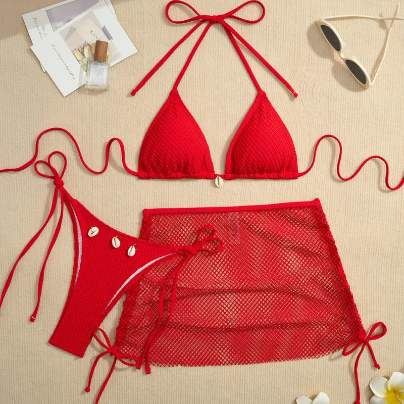New Sexy Net Bikinis Female Swimsuits Women Three-Piece Swimwear Beach Swim Wear Bathing Suits Brazilian Bikini Set Pool Bather