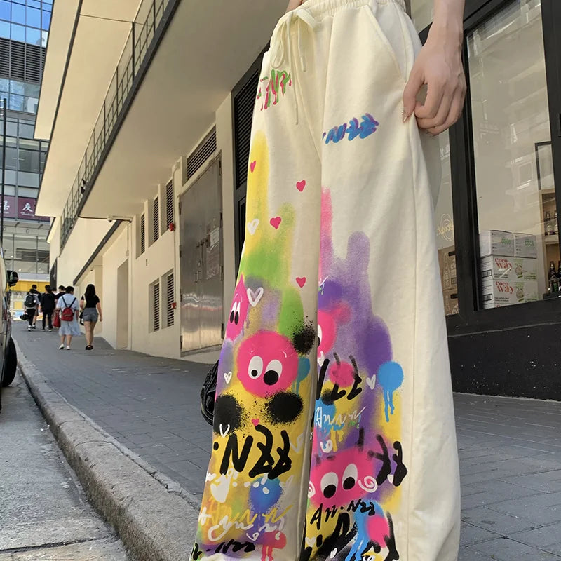 Kawaii Cute Dopamine Graffiti Casual Pants Women Tie Dye Summer Elastic High Waiste Drawstring Pockets Loose Wide Leg Trousers