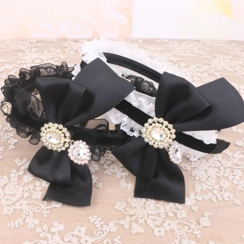 Sweet Hair Accessories Bow Head Band for Women Kawaii Lolita Diamond Bowknot Ruffles Hairbands Soft Girl Headwear