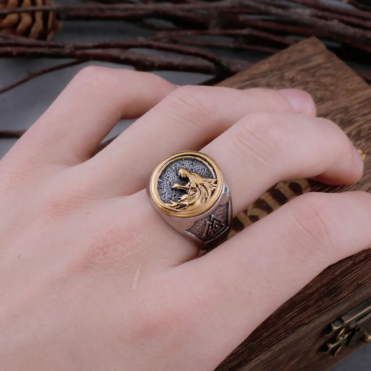 Viking Wolf Head Odin Rune Stainless Steel Ring Men's Fashion Domineering Hip-hop Street Men's Ring High-quality Jewelry