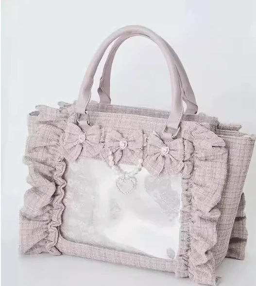 Japanese Style Mine Ita Bag Ruffled Lace Women Girls Rhienstone Pearl Bowknot Square Tote Shoulder Portable Bolso Handbags