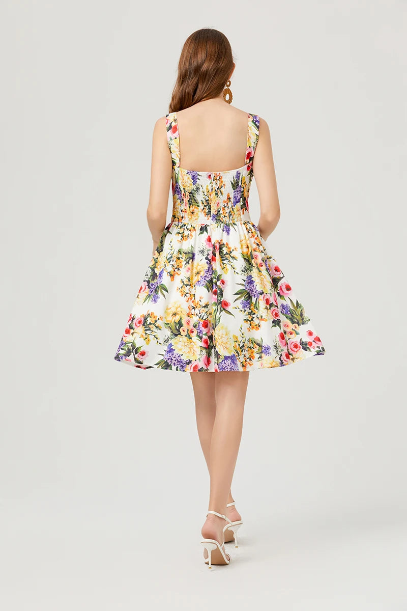 2024 Summer Fashion Short Boho Dress Women Mini Floral Print Dress Female Sleeveless Hanging Belt Printed Waist Folded Dress