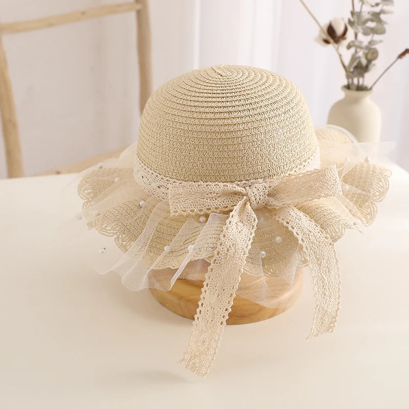 Kids Girls Wide Brim Straw Woven Cap Sun Protection Beach Hat Lace Pearl Summer Floppy Bucket Cap Portable Handbag панама