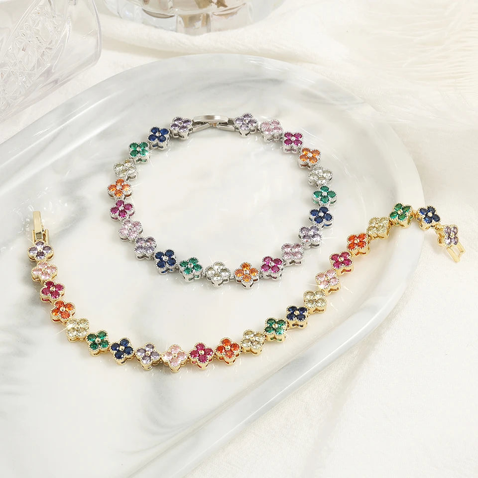 UILZ 1pc Rainbow Colorful Clover Zircon Bracelet Fashion Charm Gorgeous Charm Exquisite Cute Sweet Shining Crystal Jewelry Gift