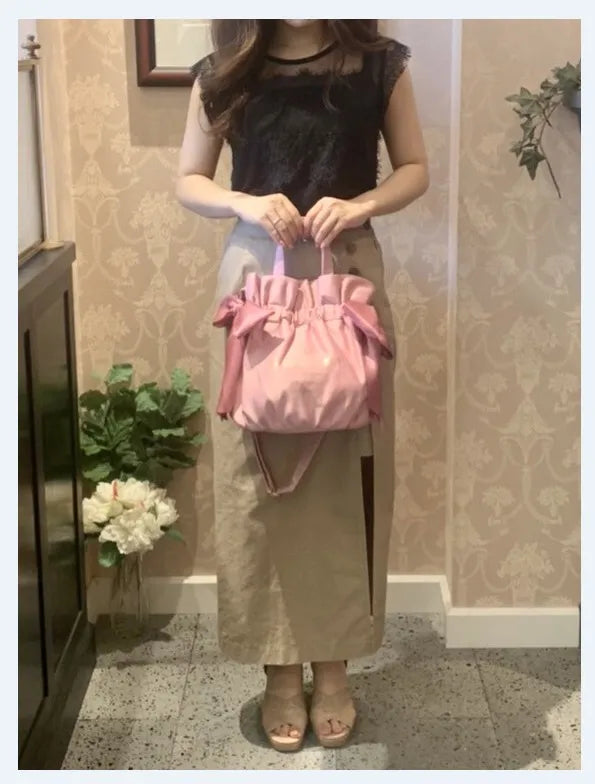 Japanese Style New Double-Sided Drawstring Bags Sweet Cute Girl Ladies Satin Bow Crossbody Shoulder Portable Handbag