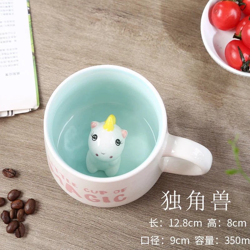 Cute Cartoon Coffee Figurine Mugs with Animal Inside, Ceramic 3D, Uincorn, Love Novelty Cup, Christmas Gift for Friends, Kids