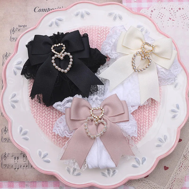 Handmade Sweet Lolita Bow Pearl Heart Pendant Lace Mid-Calf Socks Japanese Style Cotton Lace Socks Girls Women