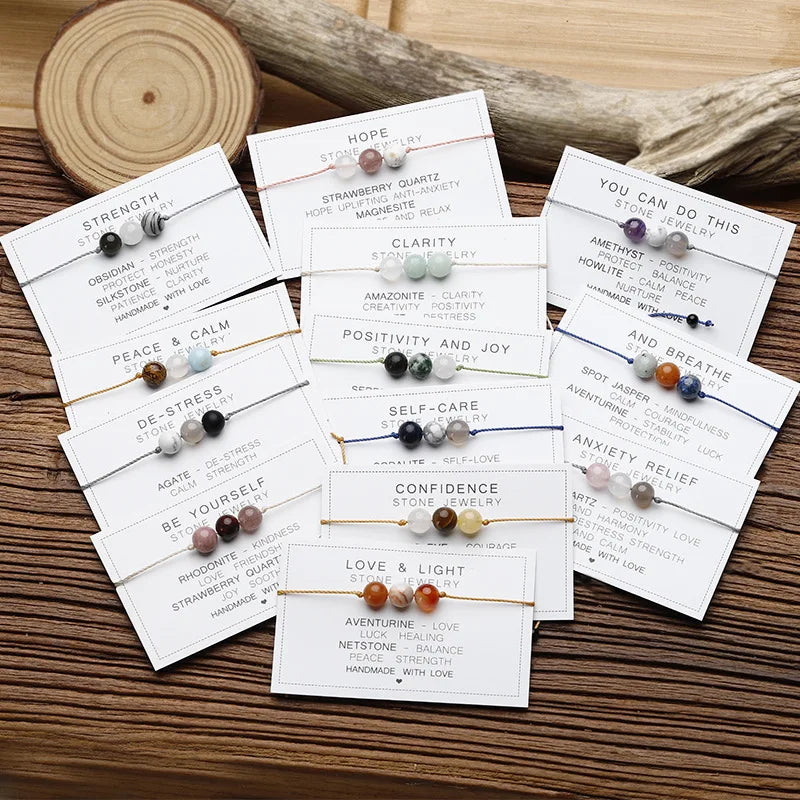 Natural Stone Crystal Round Bead Bracelet Handmade Braid Adjustable Paper Card Rope Chain Yoga Women Men Energy Healing Jewelry