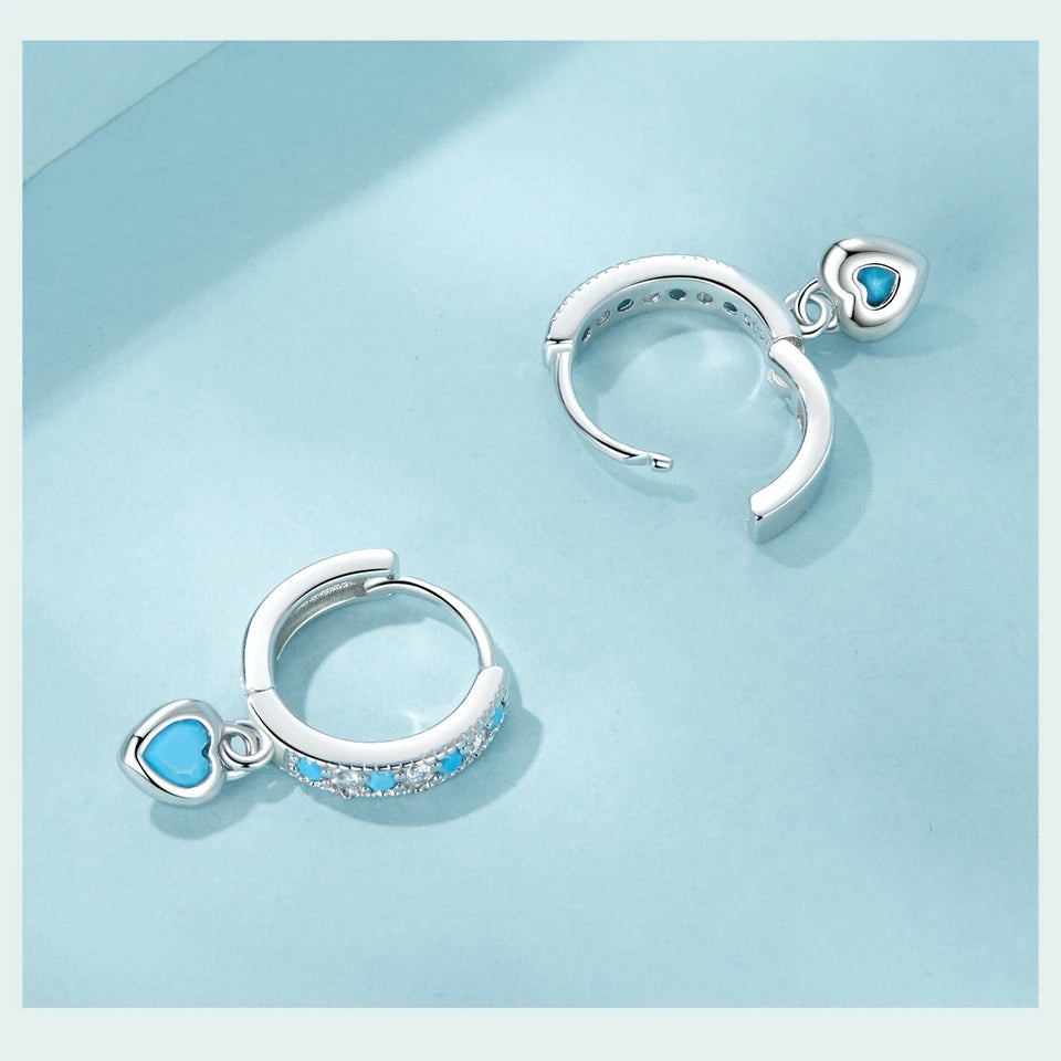WOSTU 925 Sterling Silver Blue Heart-shaped Turquoise Hoop Earrings For Women Shiny CZ Drop Dangle Earrings Pendientes Jewelry
