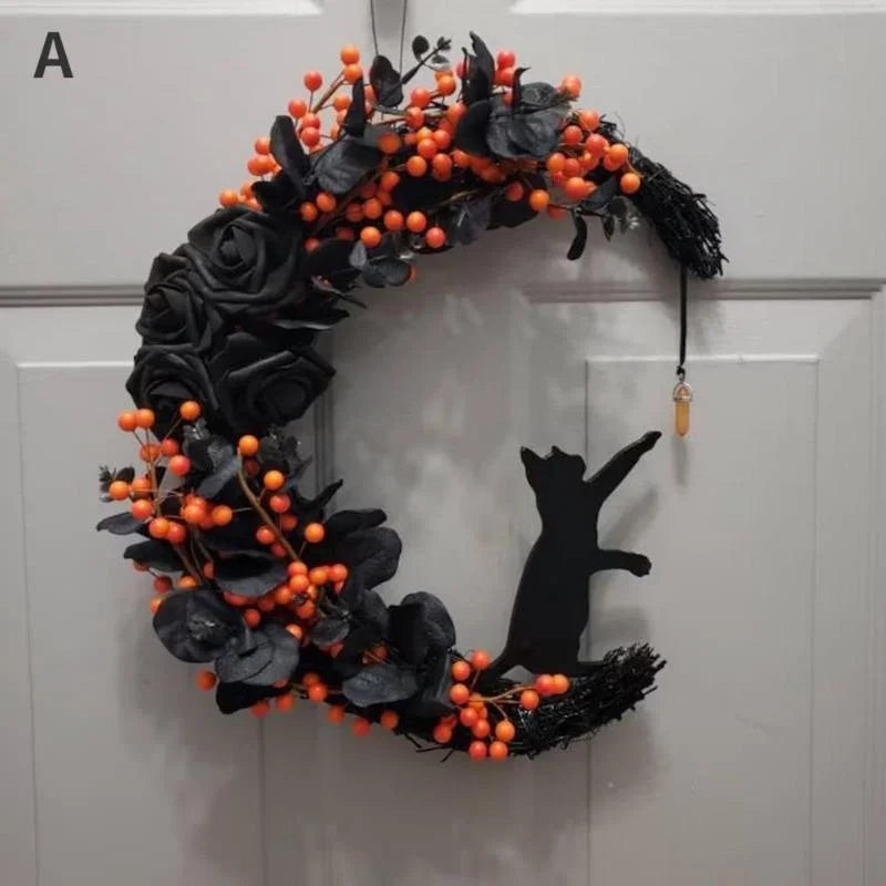 Halloween Moon Cat Garland with Rose Black Decorations Halloween Garland Halloween Wreath for Front Door Halloween Door Decor