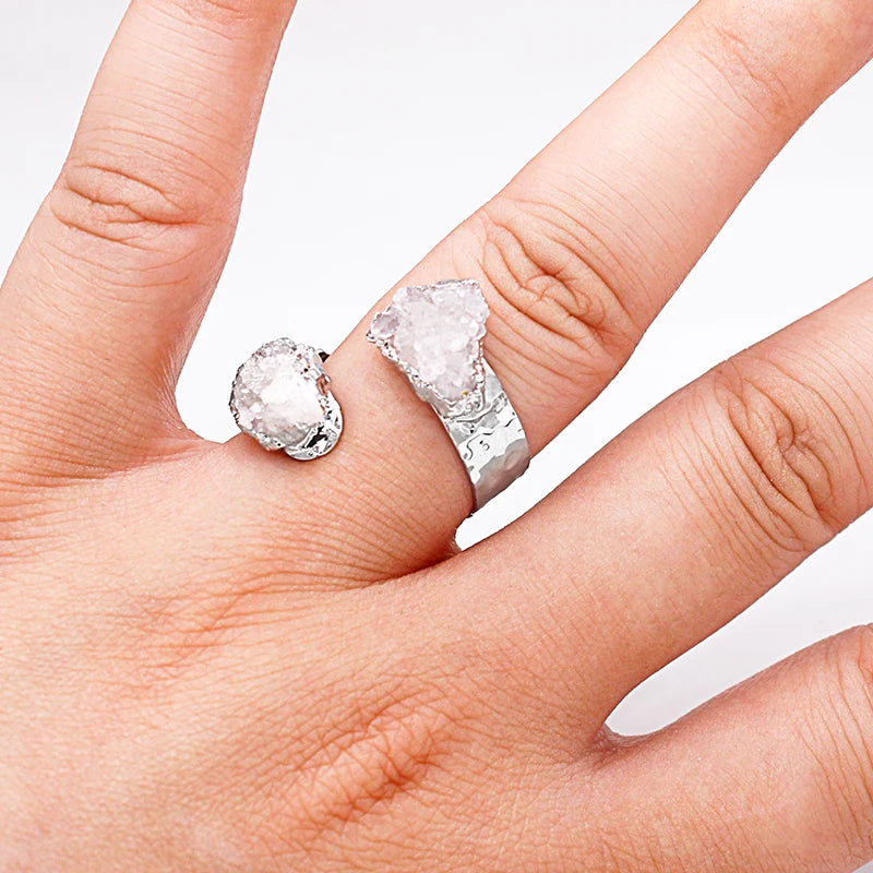 Irregular Raw Quartz Stone Open Ring for Women Girls Silver-color Boho Crystal Cluster Finger Jewelry Resizable