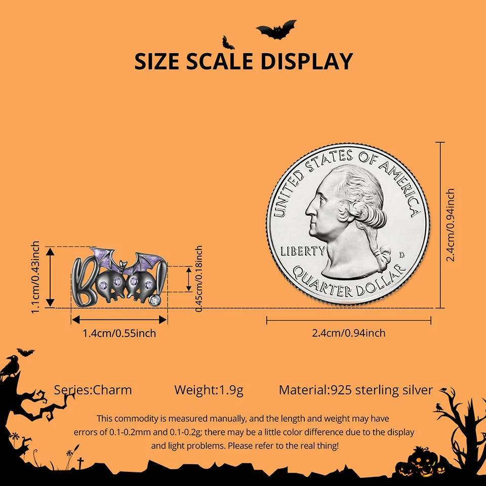 BISAER 925 Sterling Silver Halloween Skull & Pumpkin Charm Bead Pumpkin Cat Magic Crystal Pendant for Women DIY Bracelet Jewelry