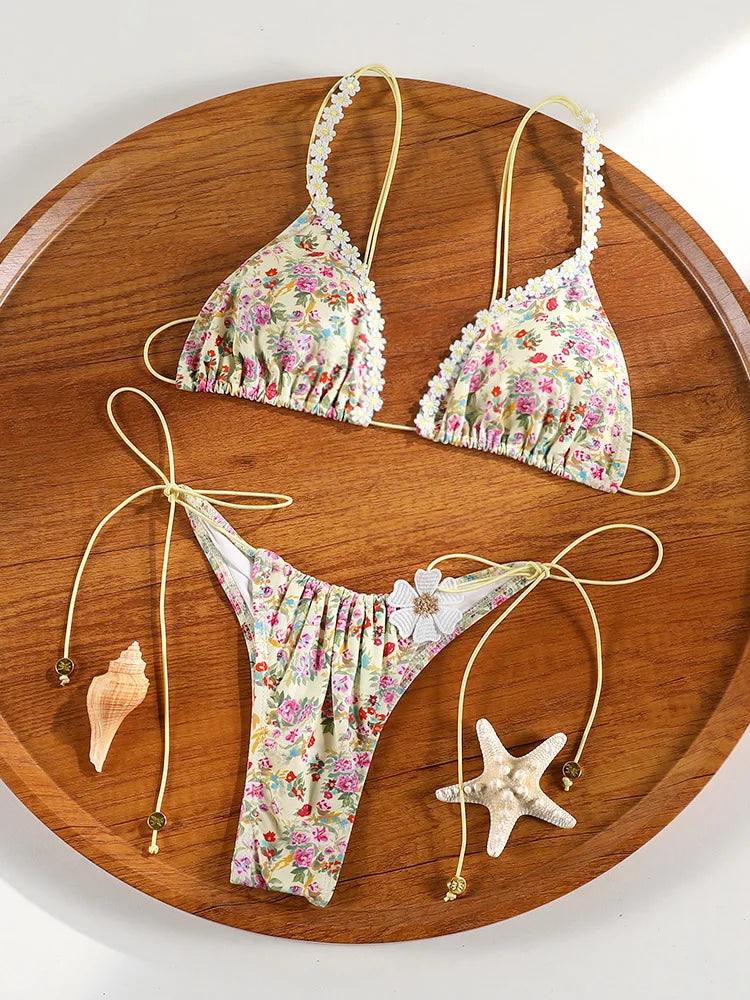 ZRTAK Triangle Lace Bikini Set Sexy Women's Swimwear 2025 Bikinis 3D Floral Print Swimsuit Micro Thong Bandage Bathing Suits