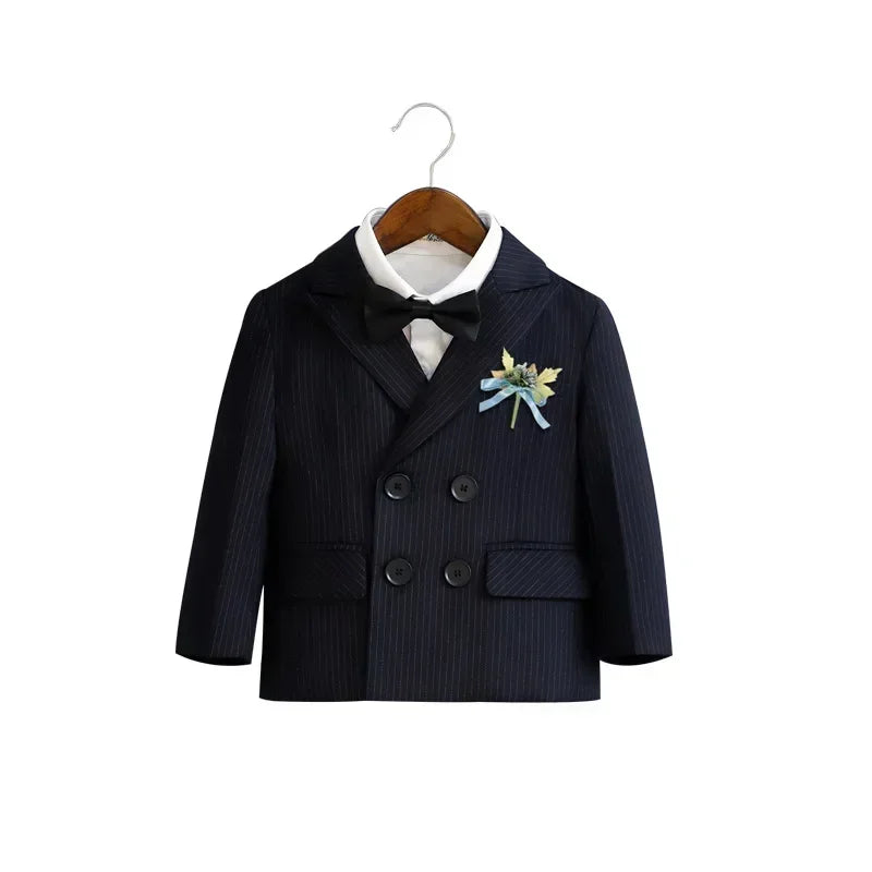 Kids Ceremony Attire blue Fashion Stripe Piano Performance Tuxedo Boys Wedding Suit Formal Children School Uniform Blazer Set