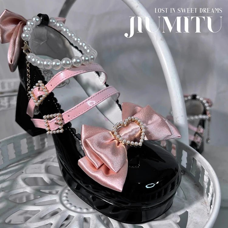 Lolita Shoes New Japanese Cute Round Head Pearl Bow Clips Leather Shoes Pumps Women Mary Jane Shoes High Heels Girls