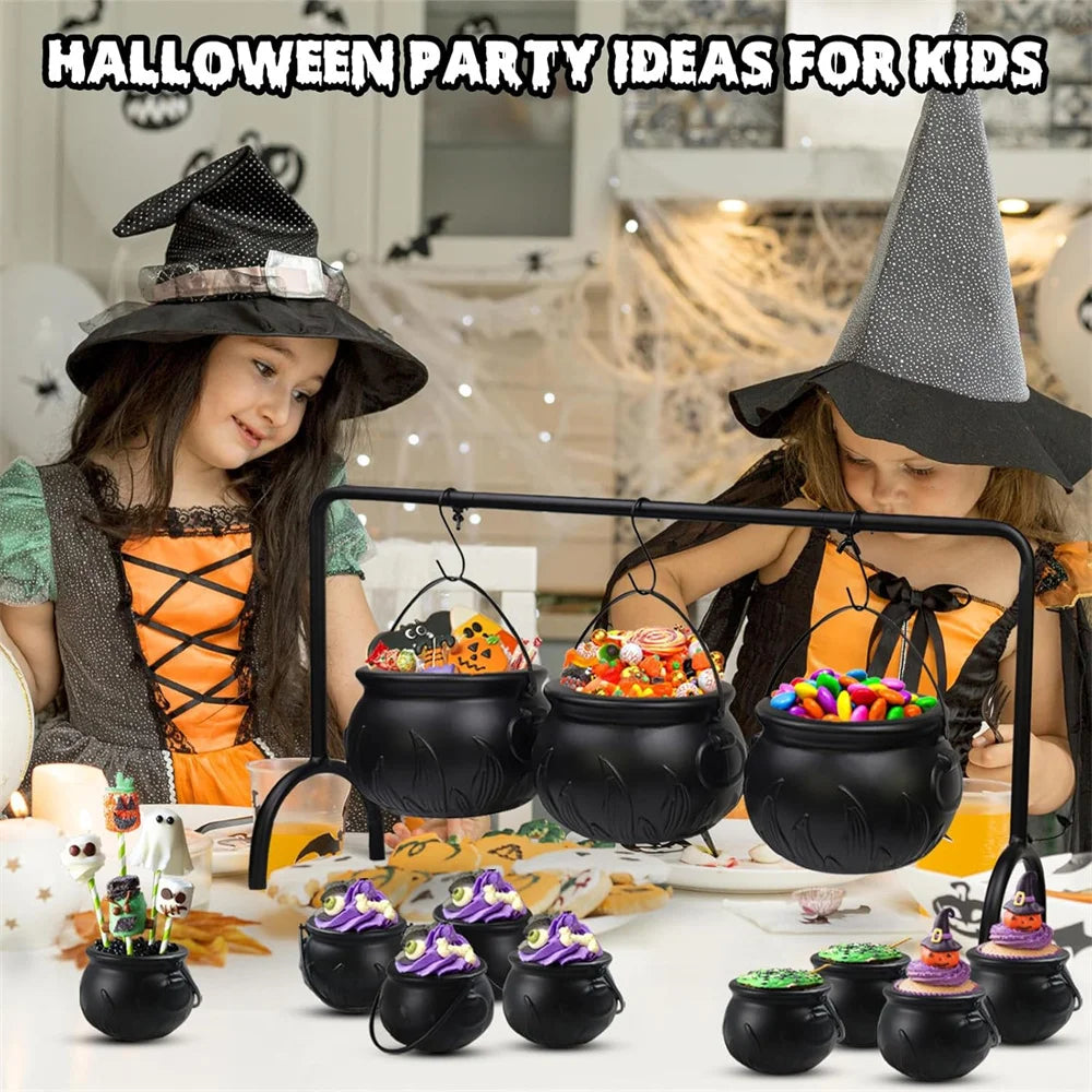 Halloween Candy Bucket Jar Trick Or Treat Black Plastic Cauldron Witch Bowls with Handle Halloween Party Decorations Props