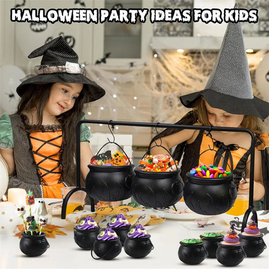 Halloween Candy Bucket Jar Trick Or Treat Black Plastic Cauldron Witch Bowls with Handle Halloween Party Decorations Props
