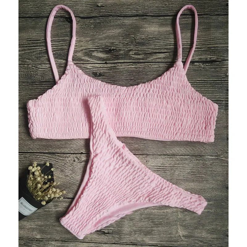 Sexy Triangle Bathing Suit for Women Vintage Pleated Suspender Push Up Bikini Summer 2025 New Simple Solid Swimwear Bikinis Sets