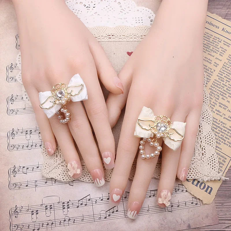 Handmade Rojita Japanese Style Elegant Sweet Cute Rings Rhinestone Ruffled Bow Soft Girl Ring Fashion Rolita Rings for Women