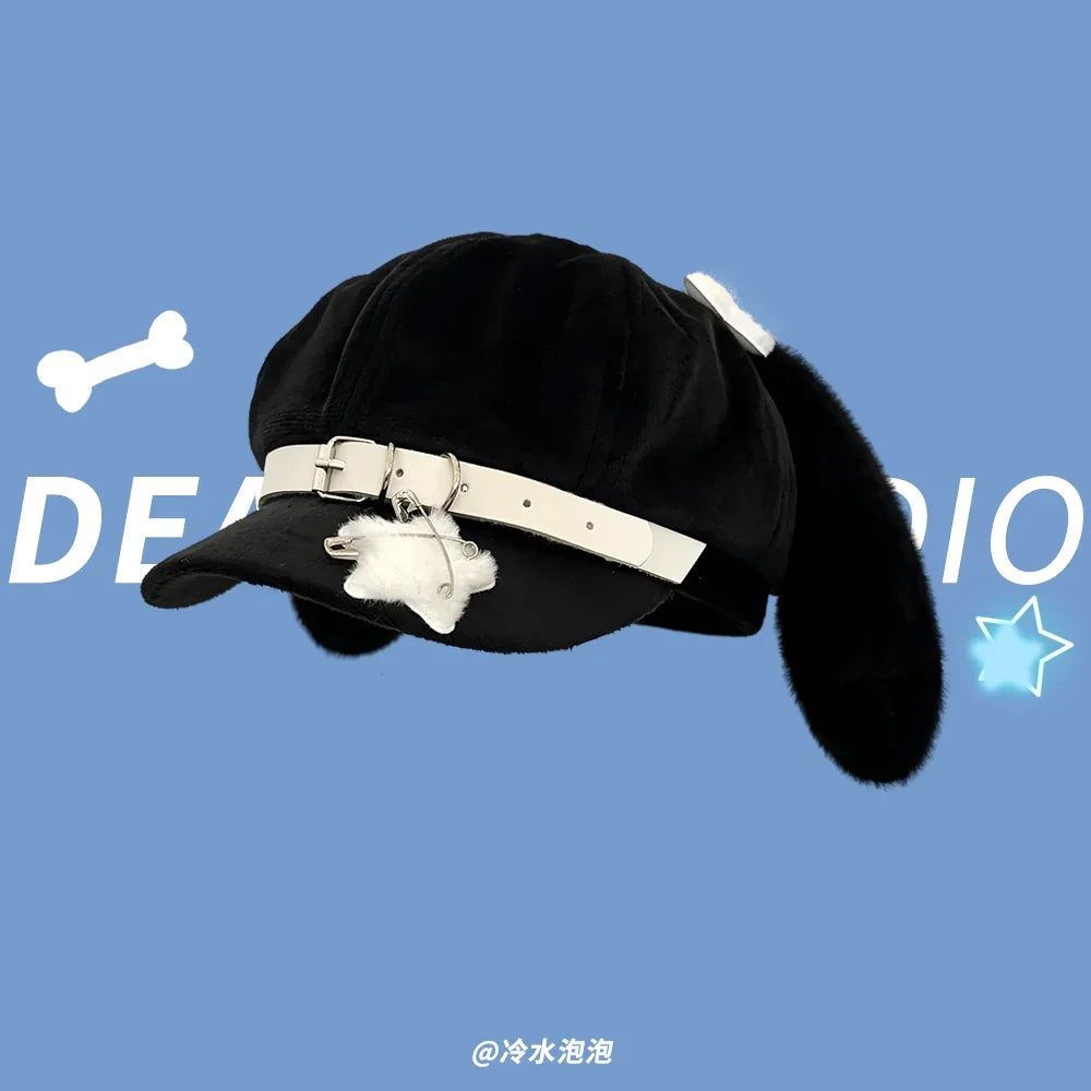 Original Niche Cute Rabbit Ears Plush Berets Cap Y2k Autumn and Winter Travel Personality Versatile Sweet Octagonal Hats Women