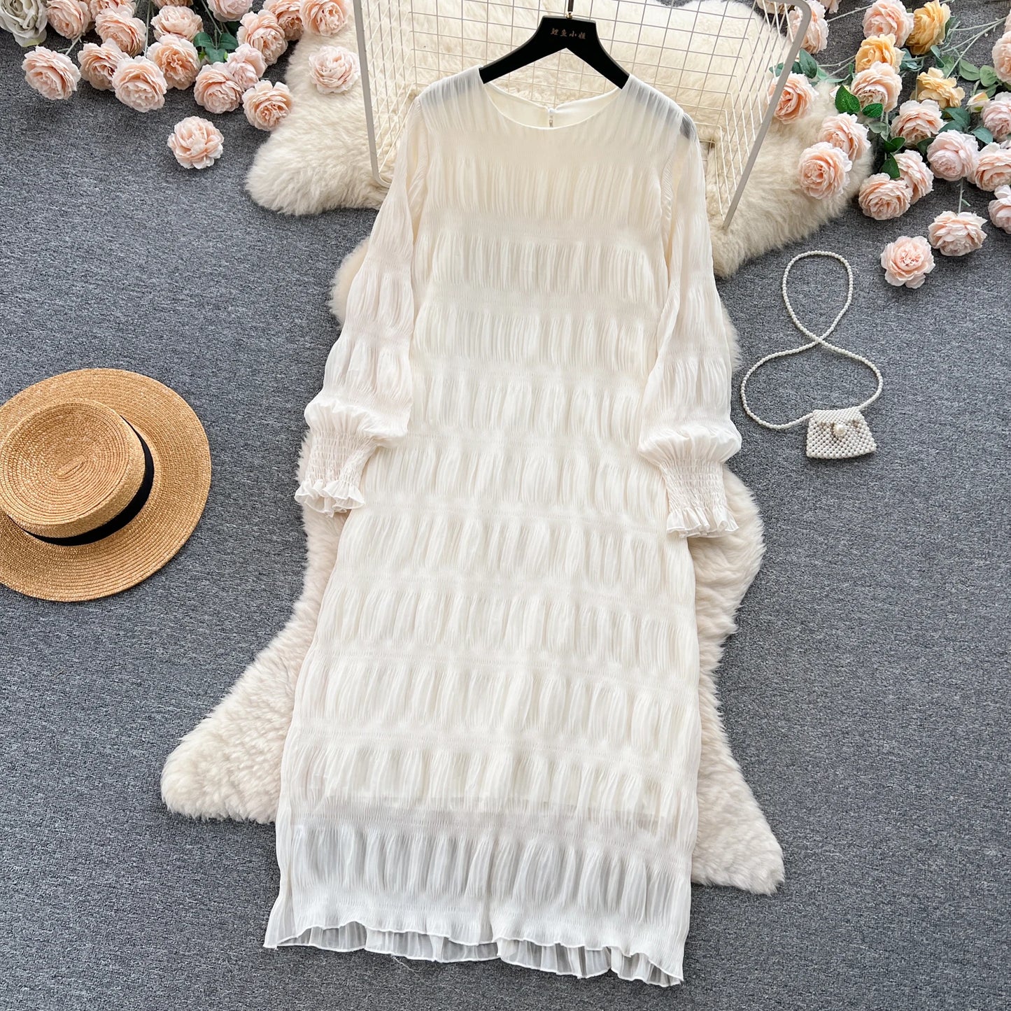 Autumn Vintage Women Draped Loose Midi Dress Elegant Round Collar Puff Long Sleeve Robe Casual Yellow/Burgundy/Green Vestido New