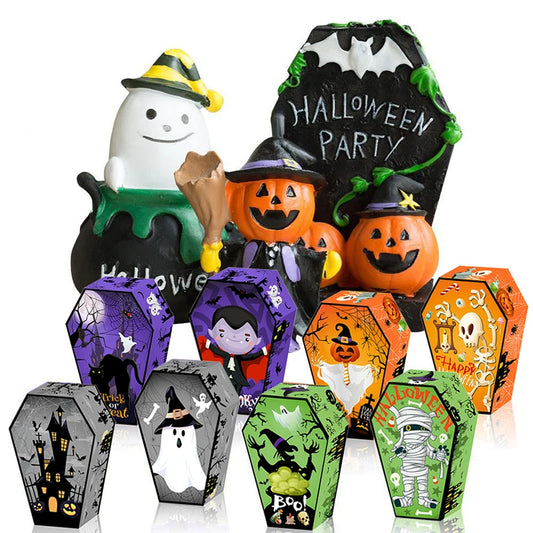 12pcs Halloween Coffin Shape Snack Box Skull Bat Ghost Goodie Boxes for Happy Halloween Party Decor Supply Trick or Treat Box
