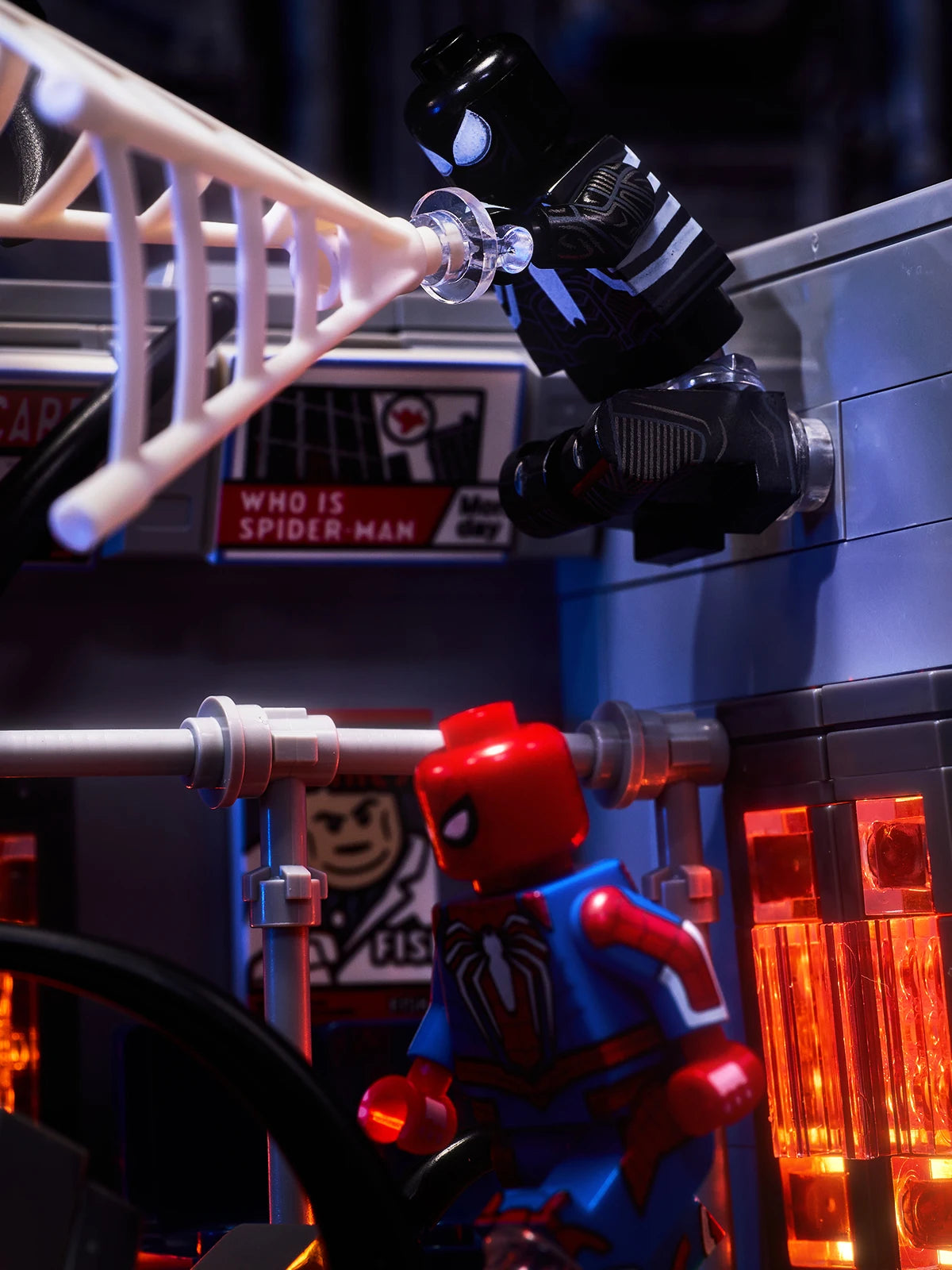 MOC scene: Marvel Venom vs. Spider-Man in the subway. Spider-Man's assembled toy bricks. Christmas gift for a boy and a girl.