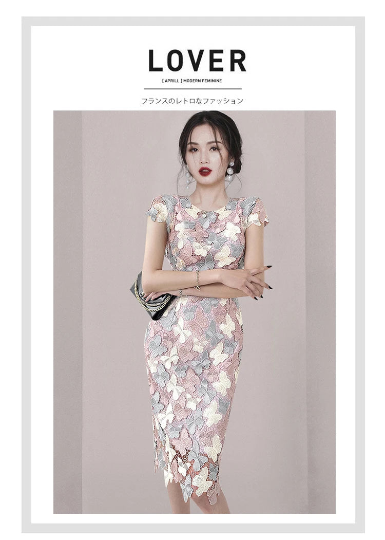 H Han Queen Summer Elegant Chic Lace Dresses Women Korean Retro Vestidos Fashion Color Blocking Office Party Casual Dress