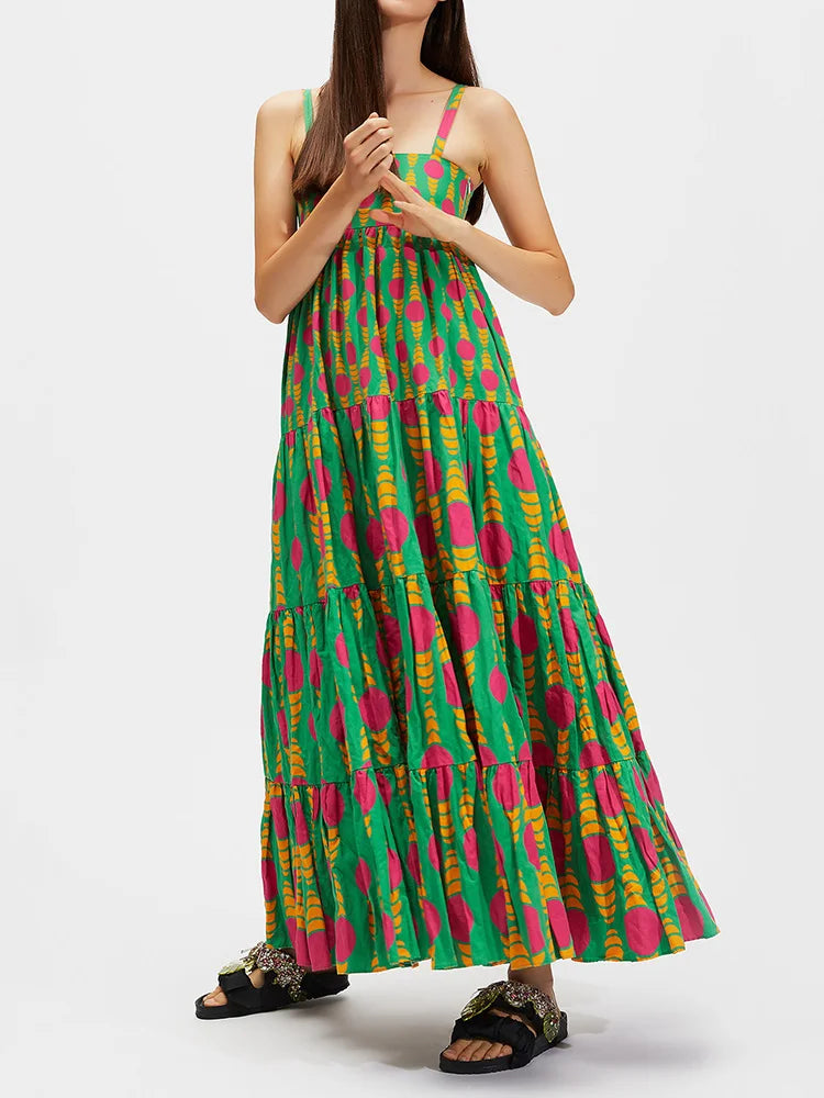 Square Collar Backless Patchwork Maxi Dress, Women Summer Sleeveless Print Party Dress, 2024 Casual Elegant Ladies Dress Vestido