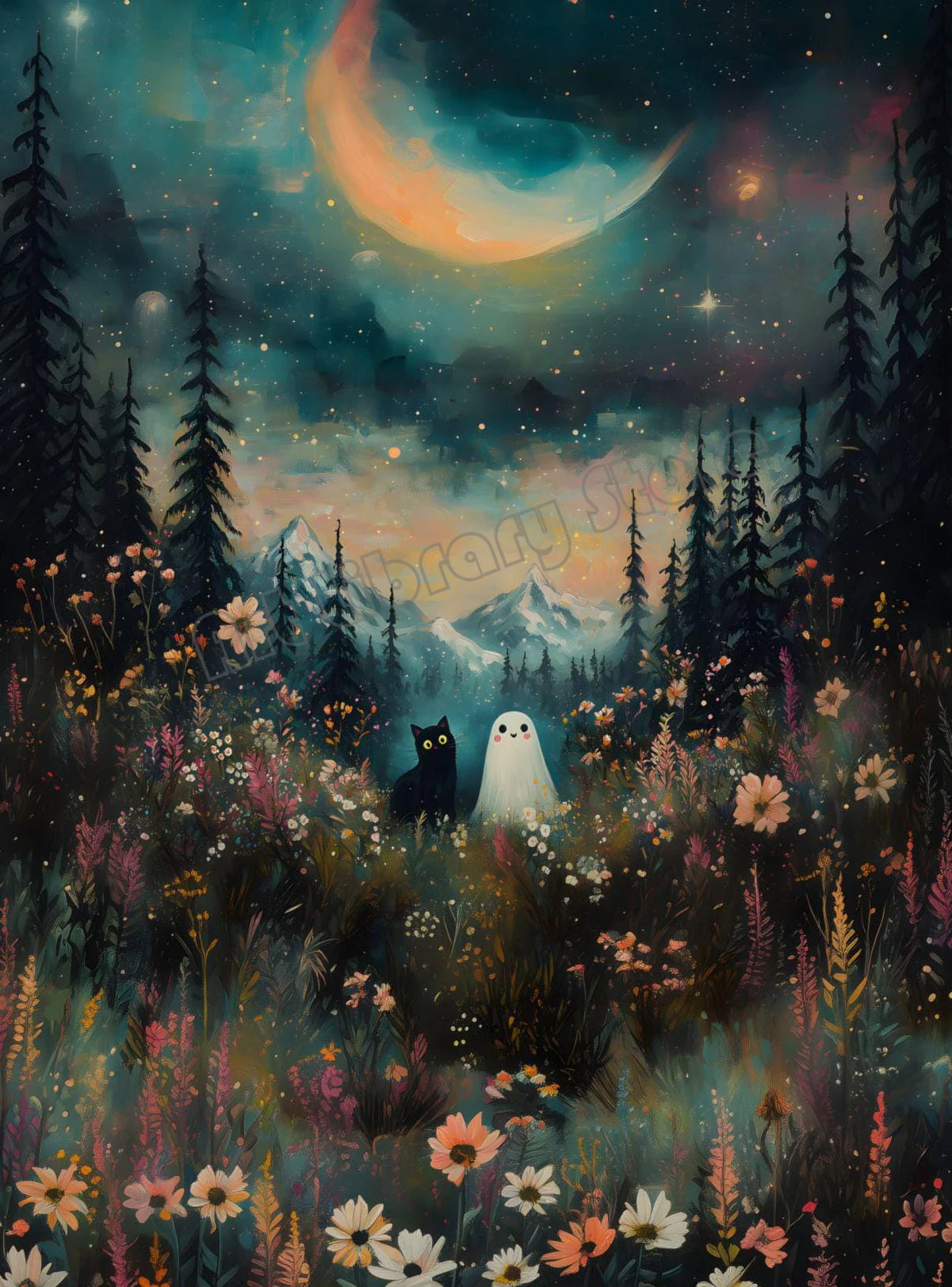 Spooky Halloween Town Folk Magical Forest Ghost Pumpkin Illustration Poster Canvas Painting Wall Pictures Holiday Home Decor